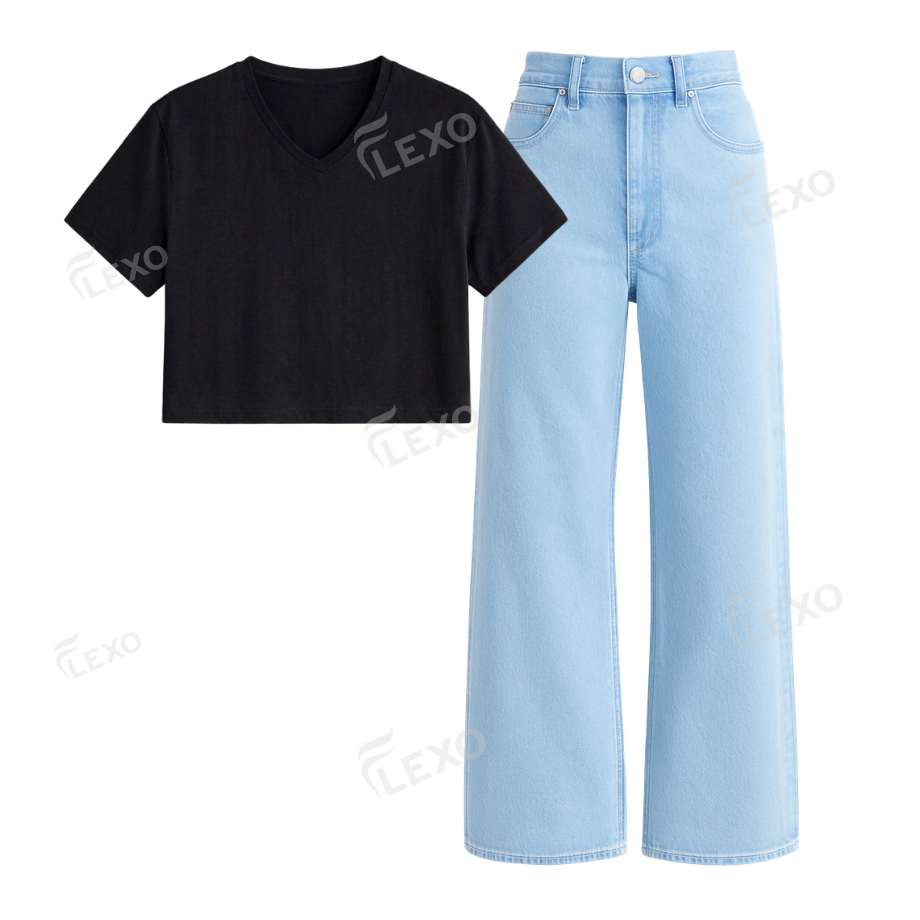 Iceblue Wide Leg Jeans With Crop V-Neck T-Shirt Main image