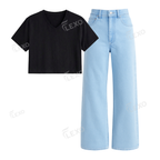 Iceblue Wide Leg Jeans With Crop V-Neck T-Shirt