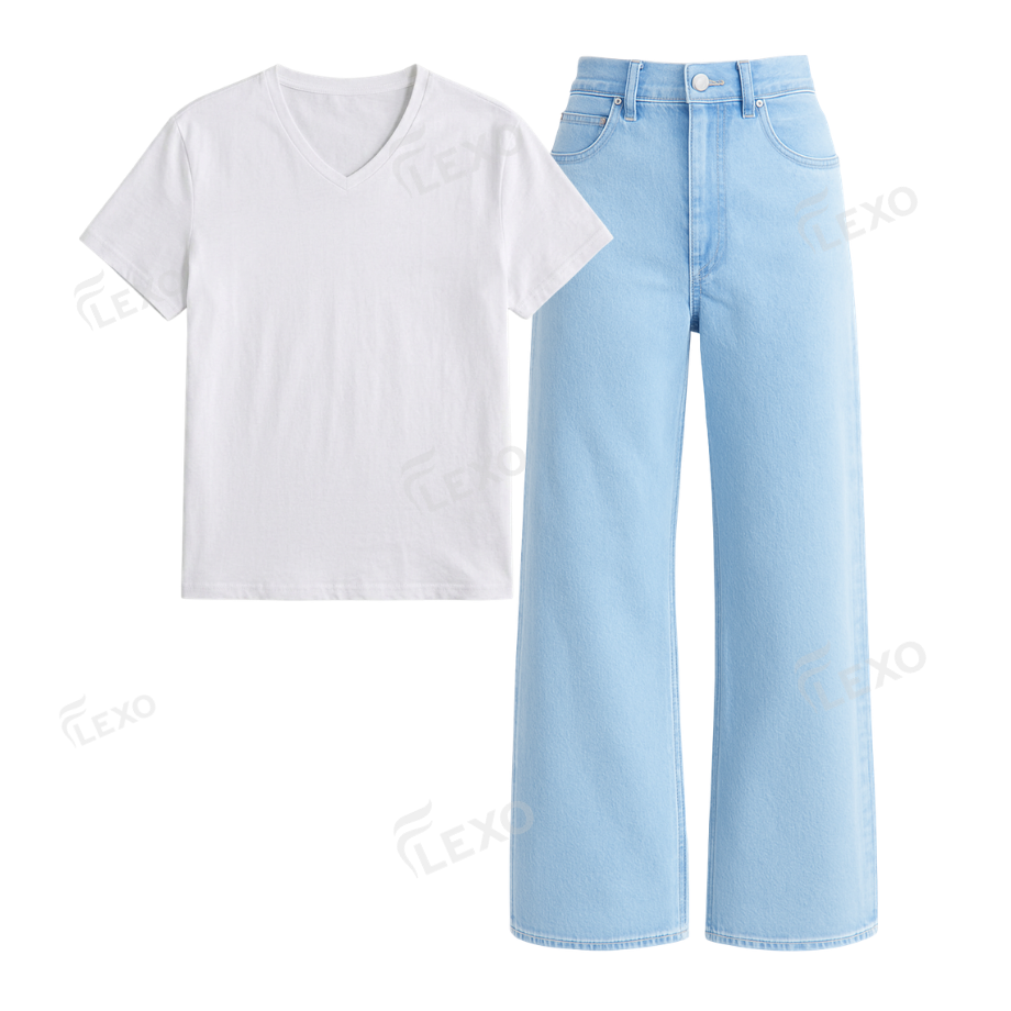 Iceblue Wide Leg Jeans With V-Neck T-Shirt