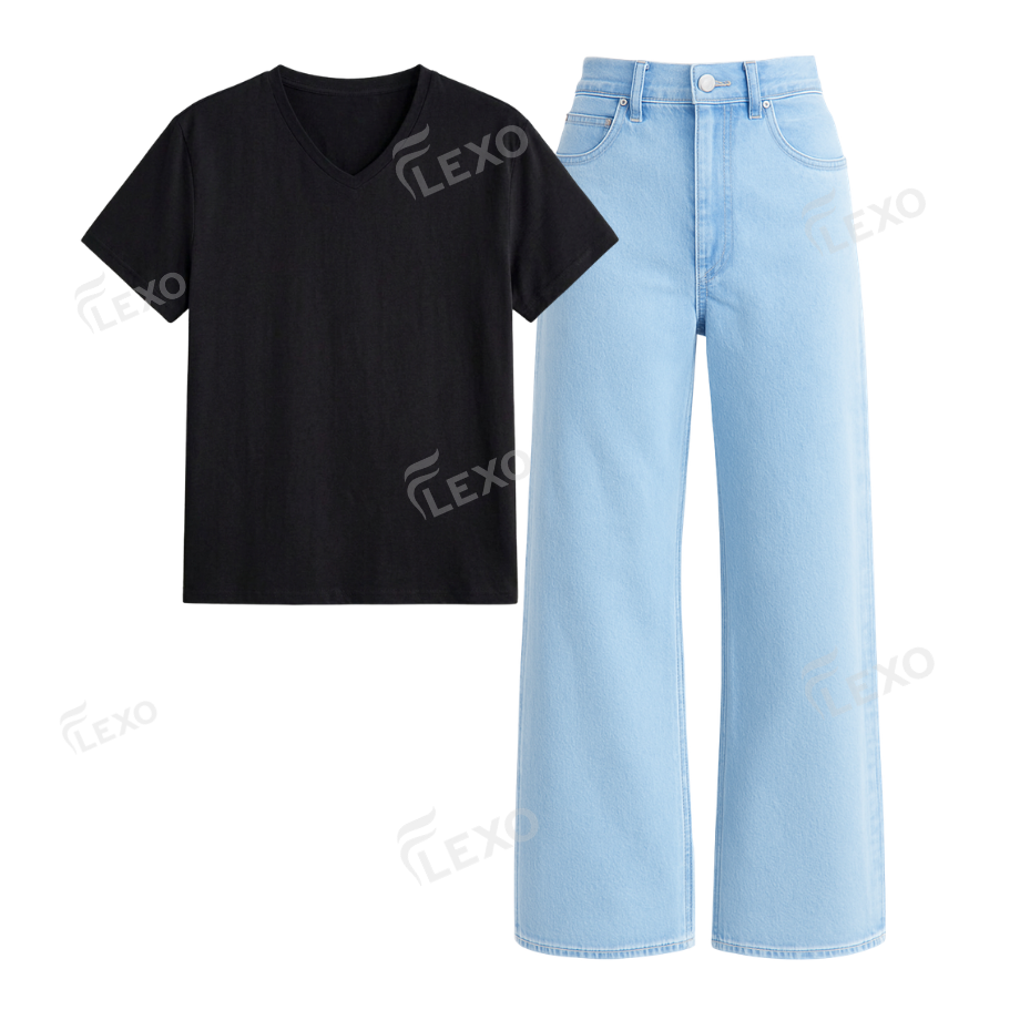 Iceblue Wide Leg Jeans With V-Neck T-Shirt