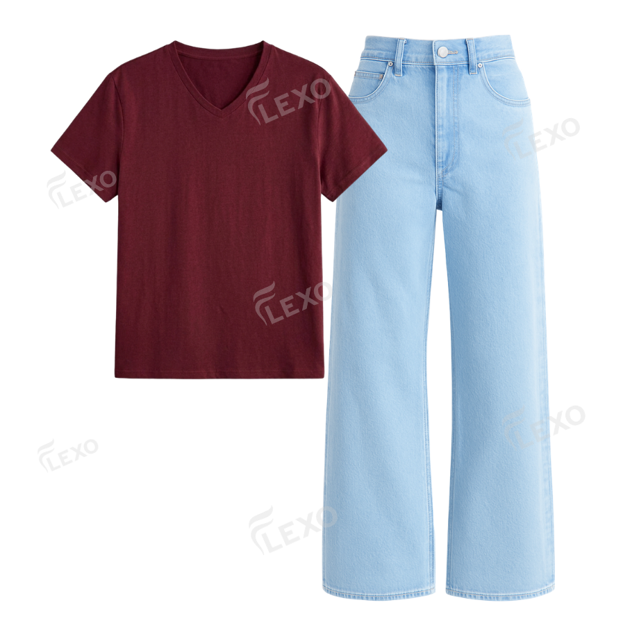 Iceblue Wide Leg Jeans With V-Neck T-Shirt
