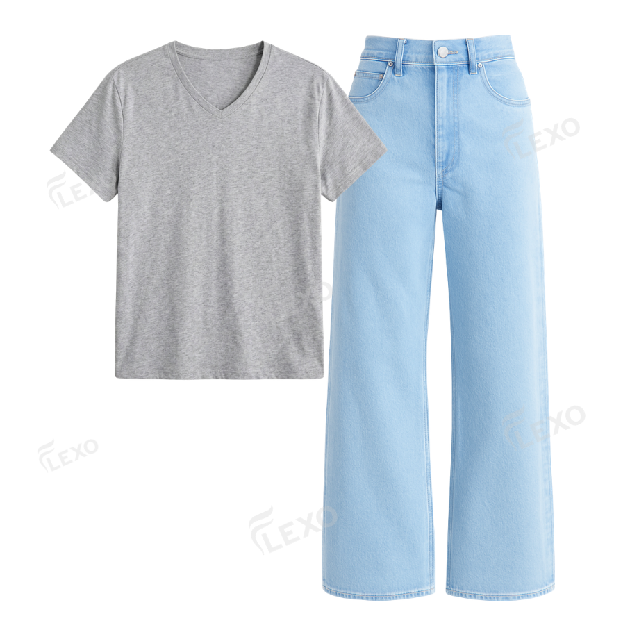 Iceblue Wide Leg Jeans With V-Neck T-Shirt