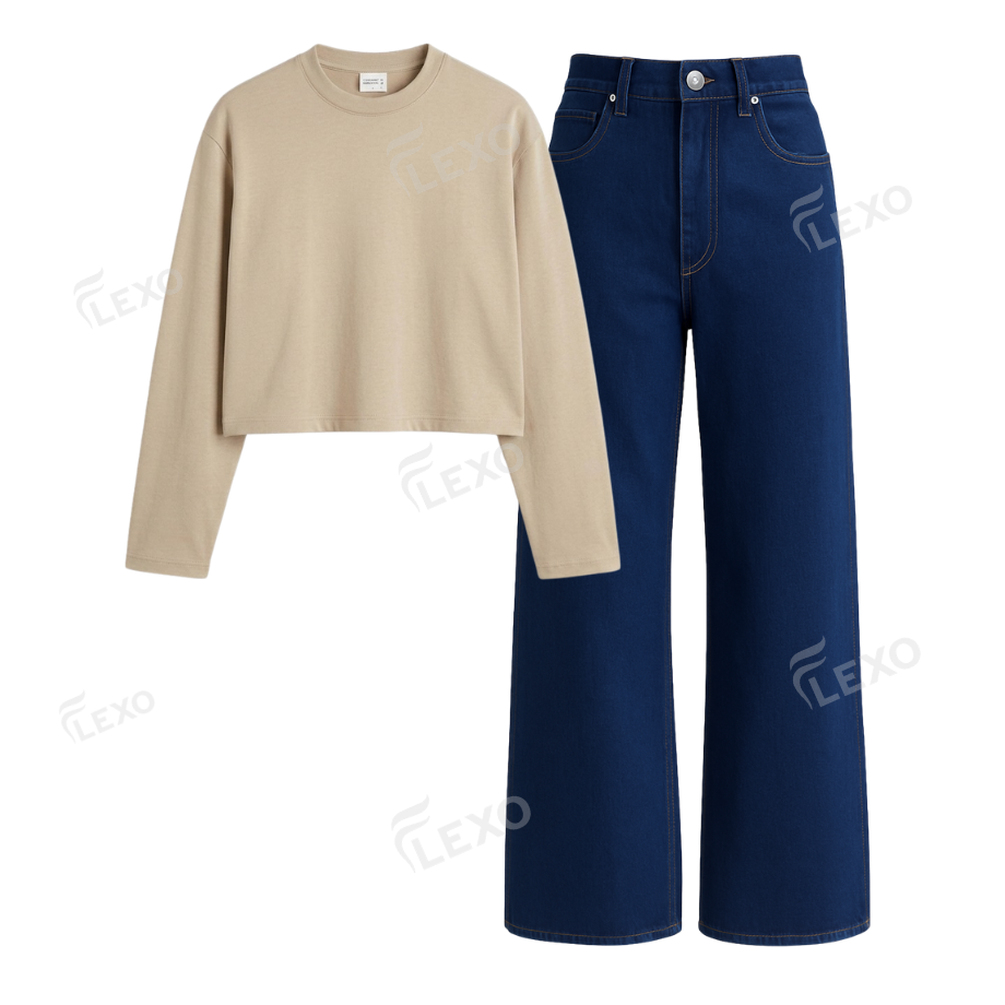 Darkblue Wide Leg Jeans With Crop Full Sleeves T-Shirt