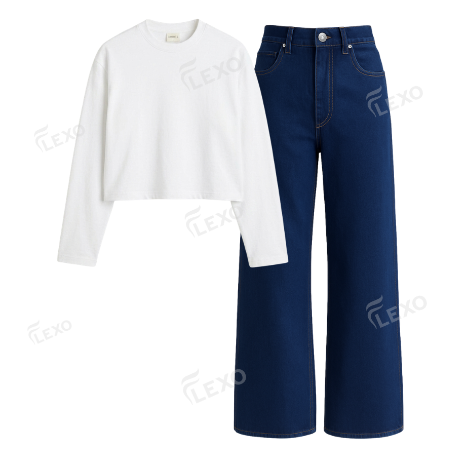 Darkblue Wide Leg Jeans With Crop Full Sleeves T-Shirt Secondary image