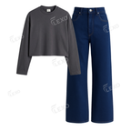 Darkblue Wide Leg Jeans With Crop Full Sleeves T-Shirt