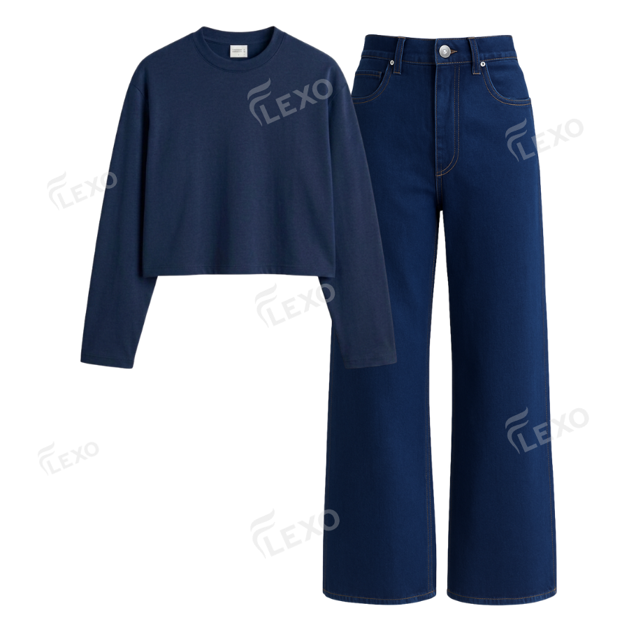 Darkblue Wide Leg Jeans With Crop Full Sleeves T-Shirt