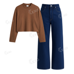 Darkblue Wide Leg Jeans With Crop Full Sleeves T-Shirt