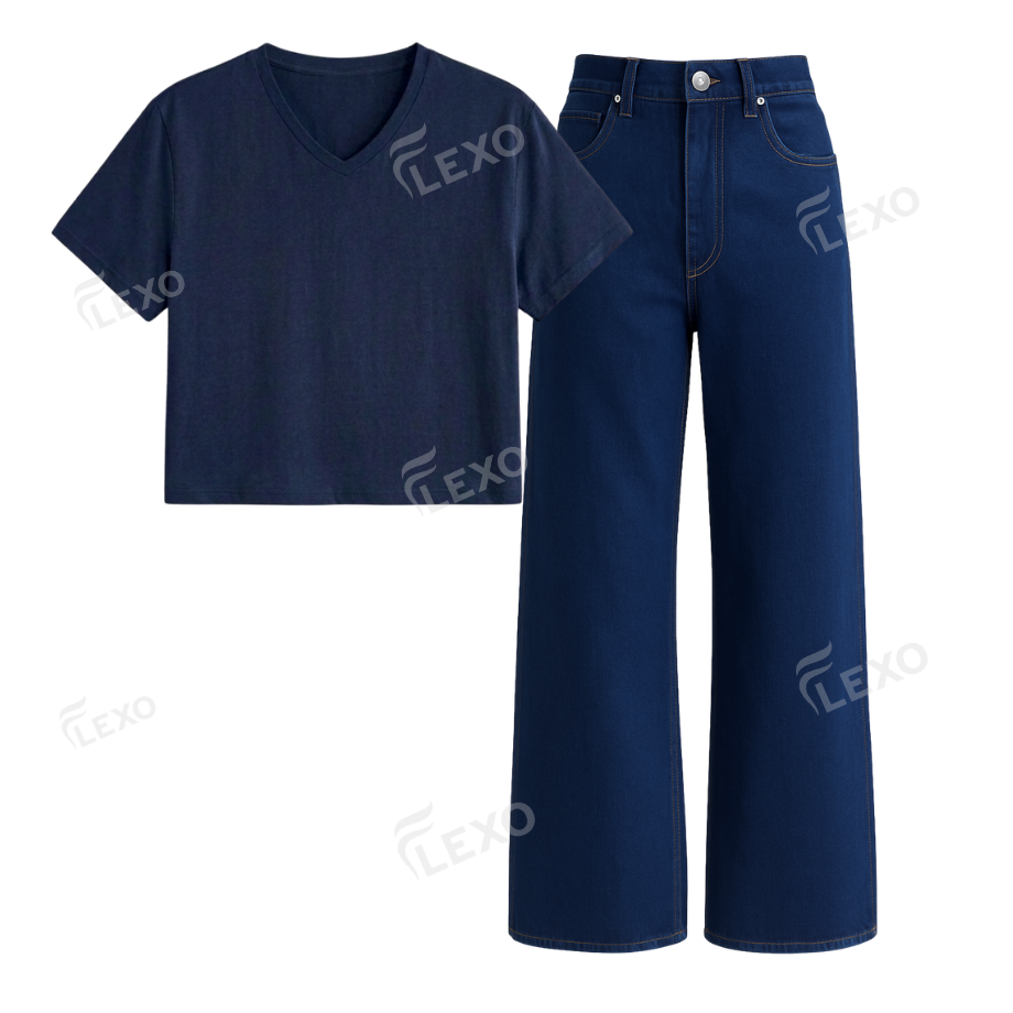 Darkblue Wide Leg Jeans With Crop V-Neck T-Shirt