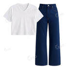 Darkblue Wide Leg Jeans With Crop V-Neck T-Shirt