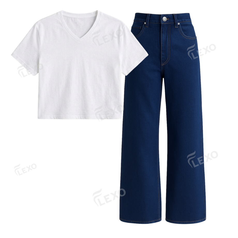 Darkblue Wide Leg Jeans With Crop V-Neck T-Shirt