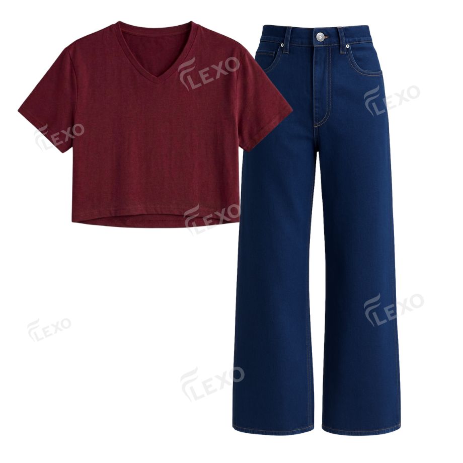 Darkblue Wide Leg Jeans With Crop V-Neck T-Shirt