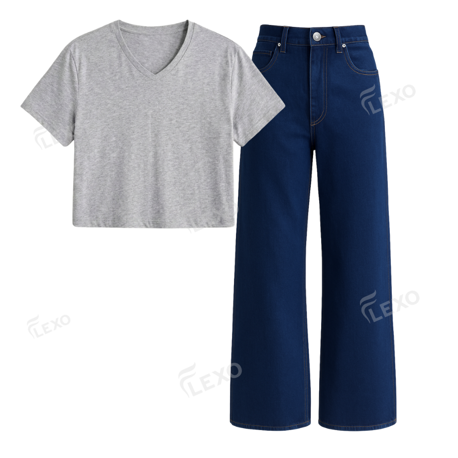 Darkblue Wide Leg Jeans With Crop V-Neck T-Shirt