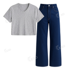 Darkblue Wide Leg Jeans With Crop V-Neck T-Shirt