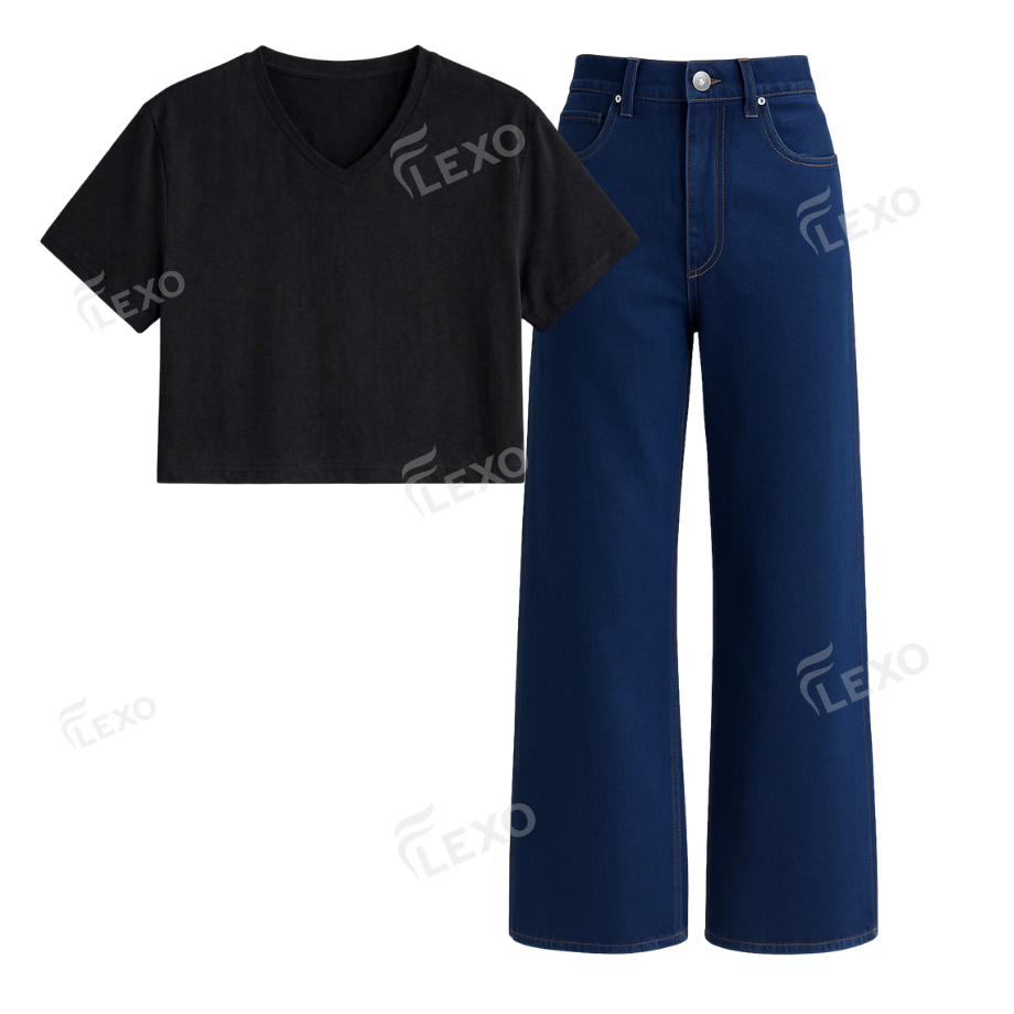 Darkblue Wide Leg Jeans With Crop V-Neck T-Shirt
