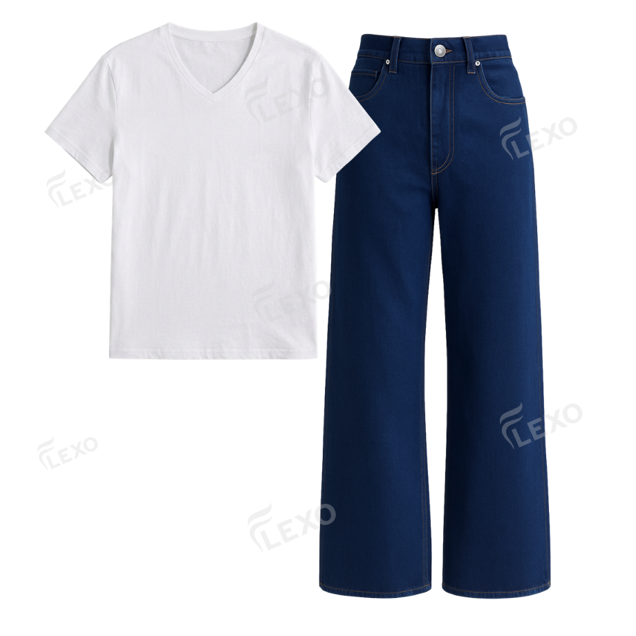 Darkblue Wide Leg Jeans With V-Neck T-Shirt