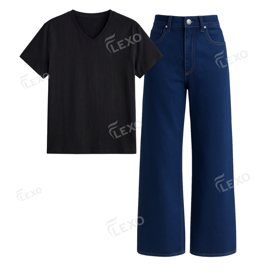 Darkblue Wide Leg Jeans With V-Neck T-Shirt Secondary image
