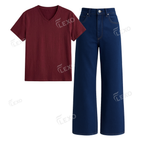 Darkblue Wide Leg Jeans With V-Neck T-Shirt