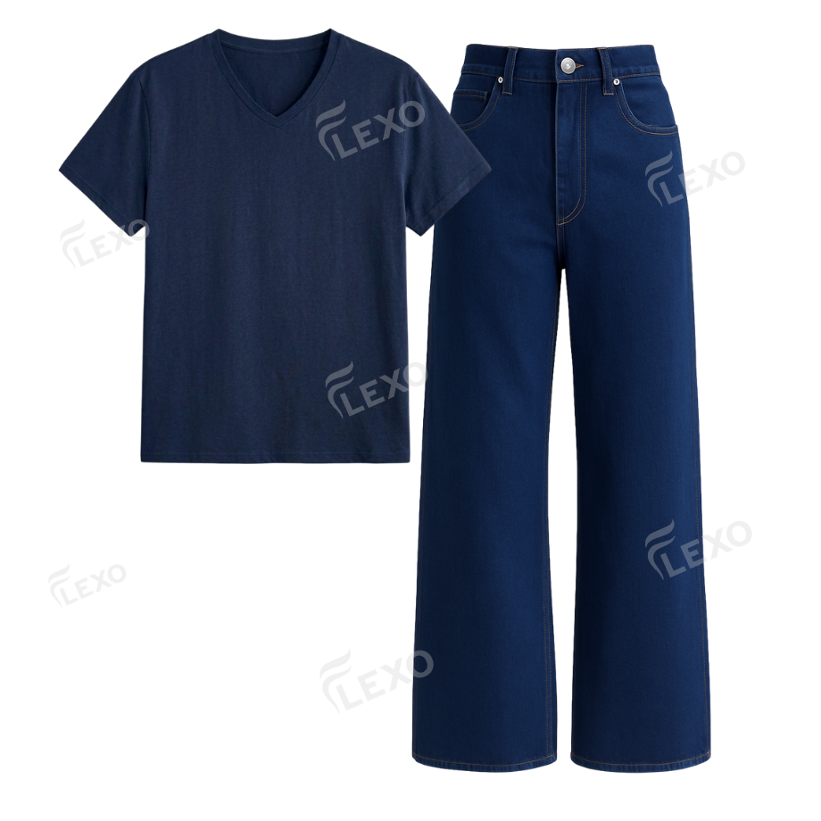 Darkblue Wide Leg Jeans With V-Neck T-Shirt