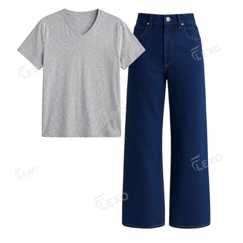 Darkblue Wide Leg Jeans With V-Neck T-Shirt