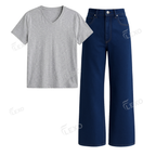 Darkblue Wide Leg Jeans With V-Neck T-Shirt