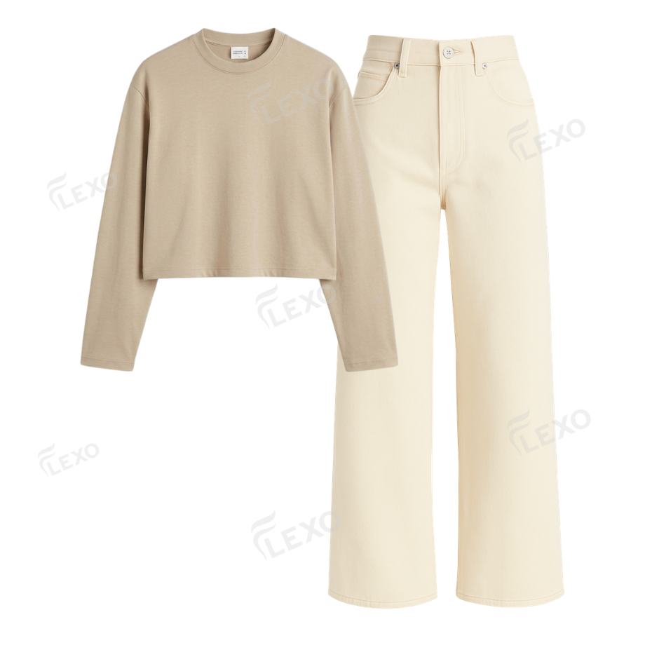 Beige Wide Leg Jeans With Crop Full Sleeves T-Shirt