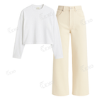 Beige Wide Leg Jeans With Crop Full Sleeves T-Shirt