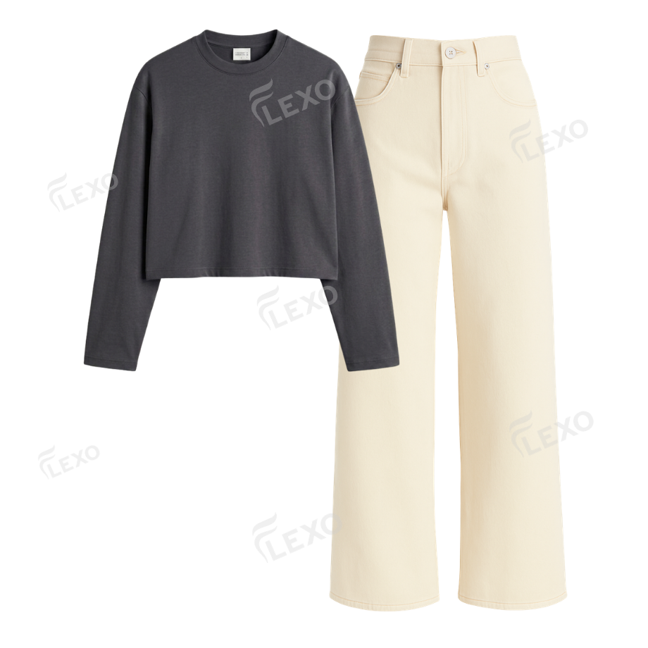 Beige Wide Leg Jeans With Crop Full Sleeves T-Shirt