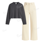 Beige Wide Leg Jeans With Crop Full Sleeves T-Shirt