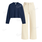 Beige Wide Leg Jeans With Crop Full Sleeves T-Shirt
