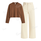 Beige Wide Leg Jeans With Crop Full Sleeves T-Shirt