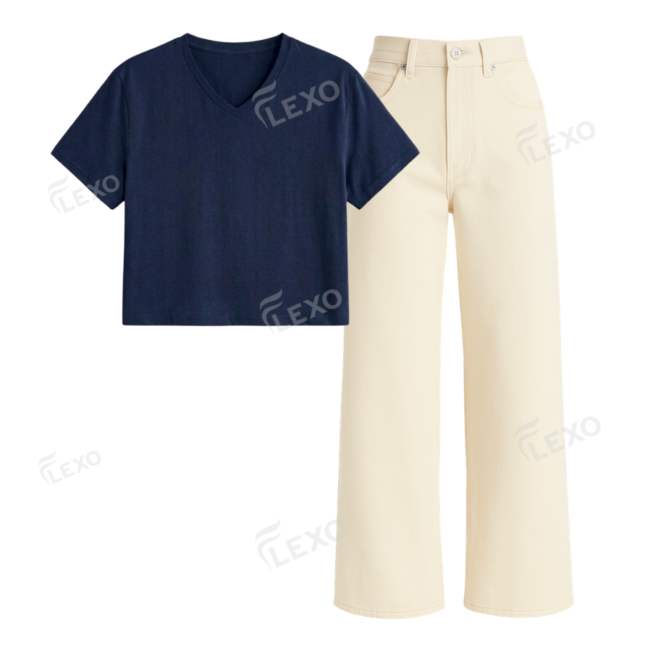 Beige Wide Leg Jeans With Crop V-Neck T-Shirt