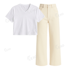 Beige Wide Leg Jeans With Crop V-Neck T-Shirt