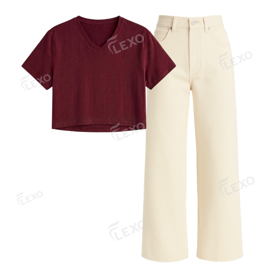 Beige Wide Leg Jeans With Crop V-Neck T-Shirt