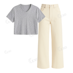 Beige Wide Leg Jeans With Crop V-Neck T-Shirt