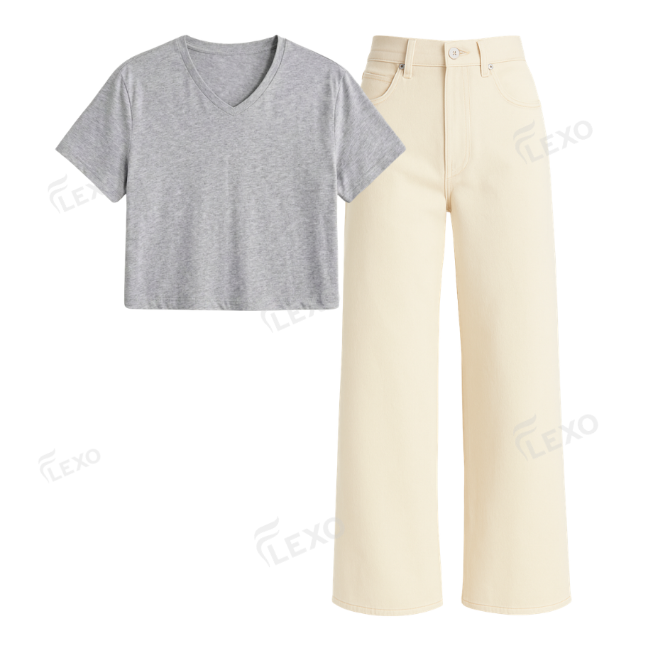 Beige Wide Leg Jeans With Crop V-Neck T-Shirt