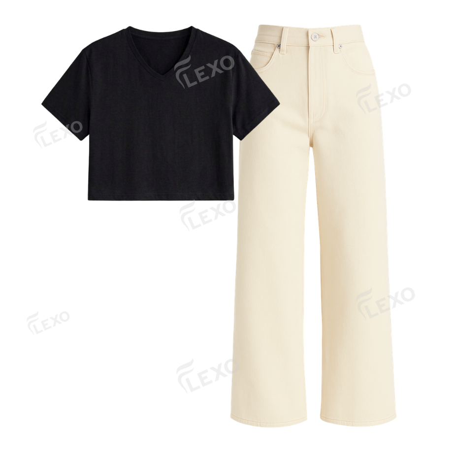 Beige Wide Leg Jeans With Crop V-Neck T-Shirt Secondary image