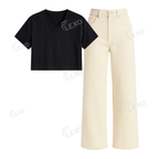 Beige Wide Leg Jeans With Crop V-Neck T-Shirt