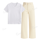 Beige Wide Leg Jeans With V-Neck T-Shirt