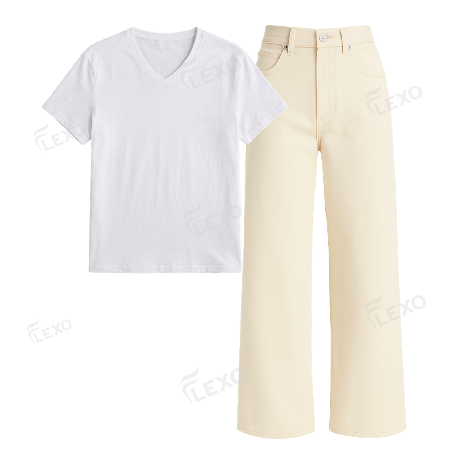 Beige Wide Leg Jeans With V-Neck T-Shirt