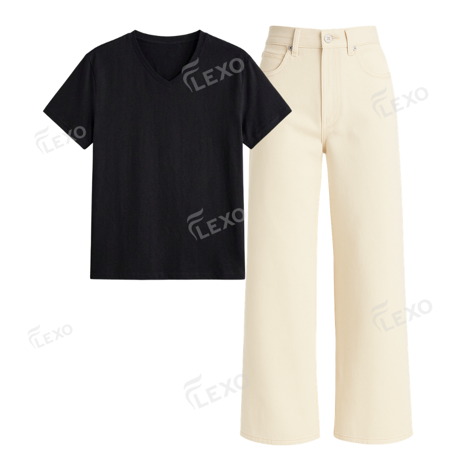 Beige Wide Leg Jeans With V-Neck T-Shirt