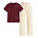 Beige Wide Leg Jeans With V-Neck T-Shirt