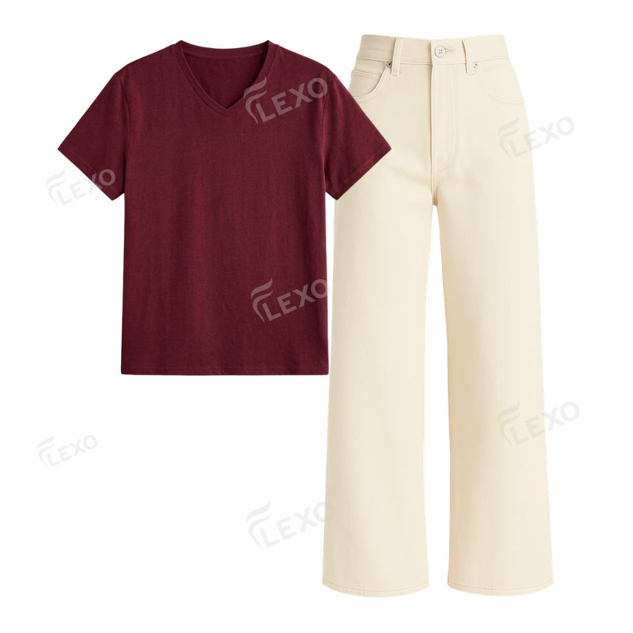 Beige Wide Leg Jeans With V-Neck T-Shirt