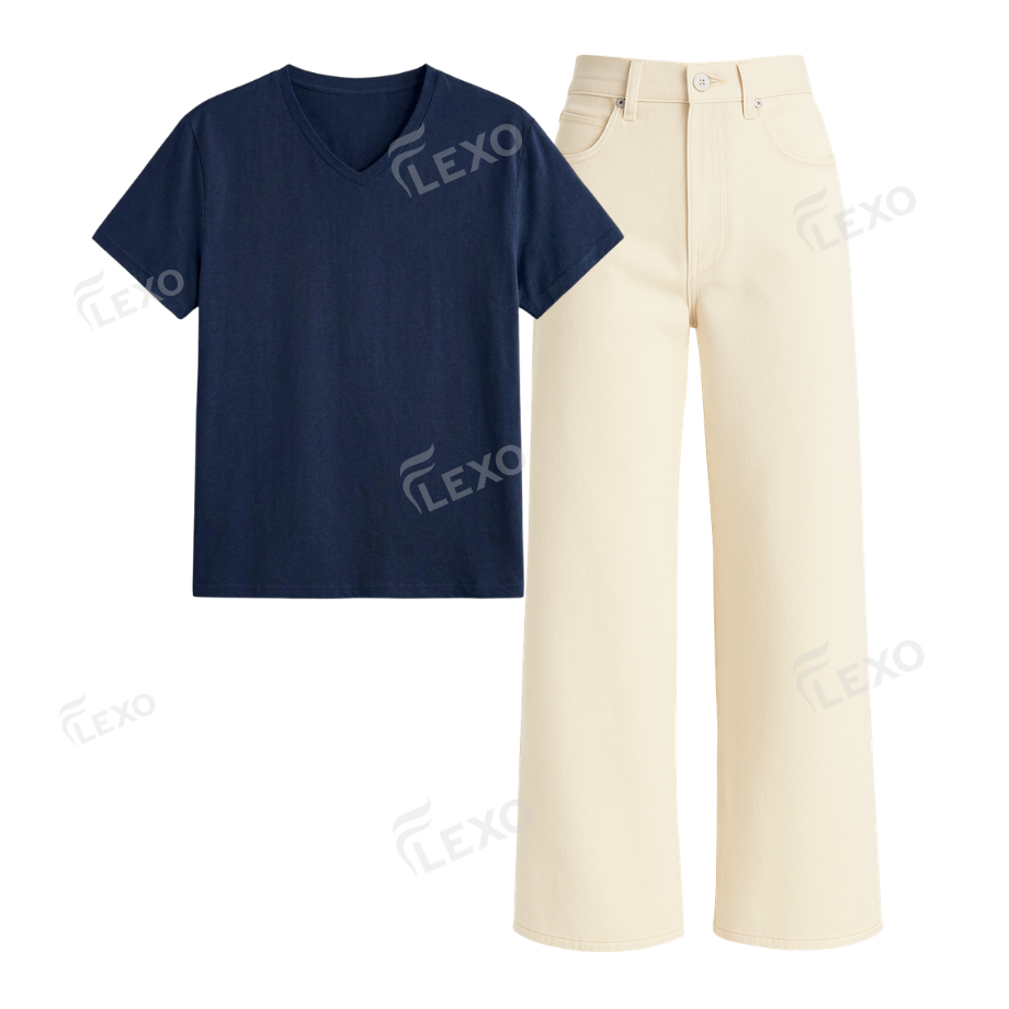 Beige Wide Leg Jeans With V-Neck T-Shirt Main image