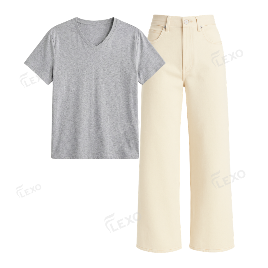 Beige Wide Leg Jeans With V-Neck T-Shirt
