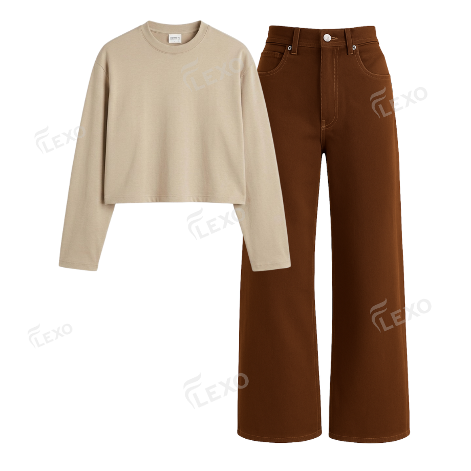 Brown Wide Leg Jeans With Crop Full Sleeves T-Shirt