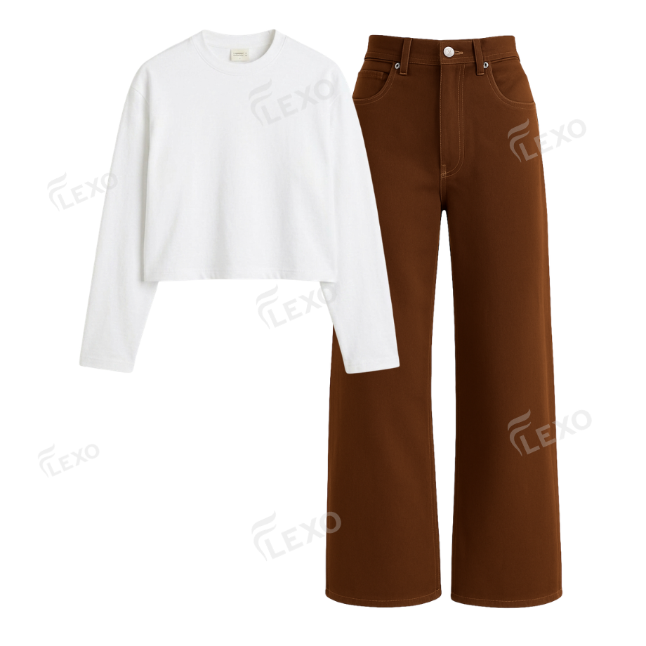 Brown Wide Leg Jeans With Crop Full Sleeves T-Shirt Main image