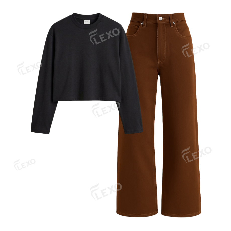 Brown Wide Leg Jeans With Crop Full Sleeves T-Shirt