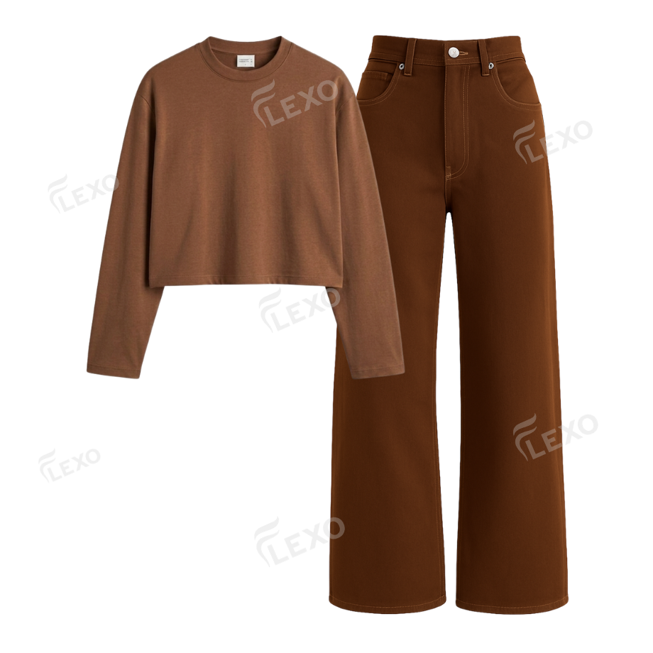 Brown Wide Leg Jeans With Crop Full Sleeves T-Shirt