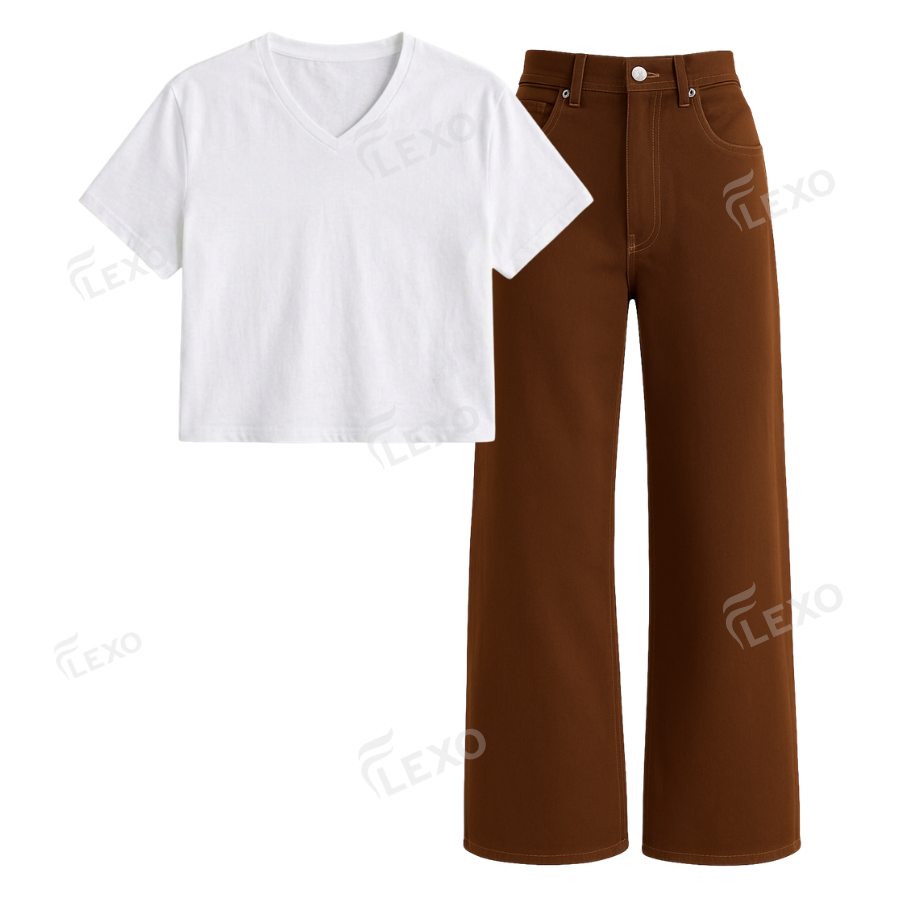 Brown Wide Leg Jeans With Crop V-Neck T-Shirt