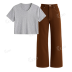 Brown Wide Leg Jeans With Crop V-Neck T-Shirt